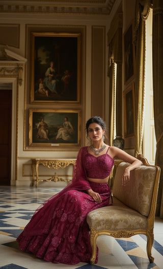Burgundy Embroidered Net Lehenga Choli Set