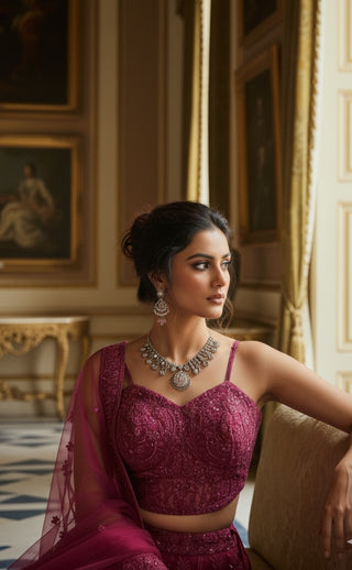 Burgundy Embroidered Net Lehenga Choli Set