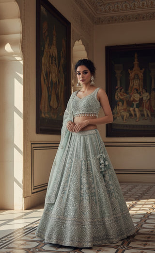 Sage Green Embroidered Bridal Lehenga Set
