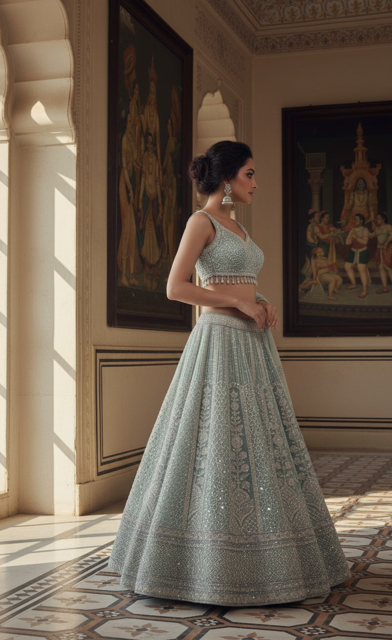 Sage Green Embroidered Bridal Lehenga Set
