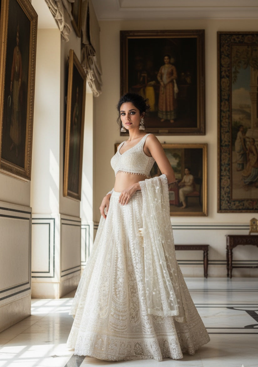 Ivory White Embroidered Bridal Lehenga Set