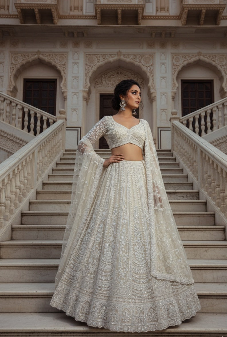 Ivory White Embroidered Bridal Lehenga Set