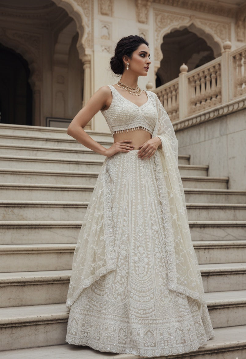 Ivory White Embroidered Bridal Lehenga Set