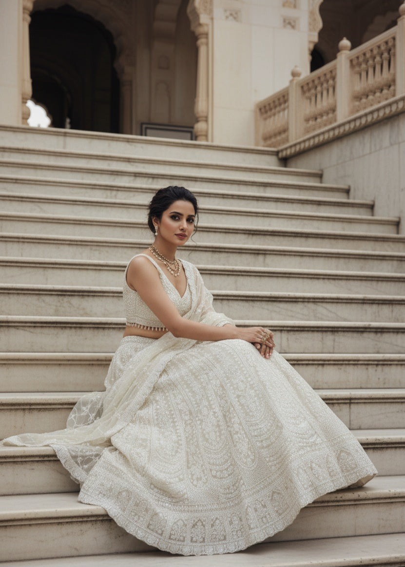 Ivory White Embroidered Bridal Lehenga Set