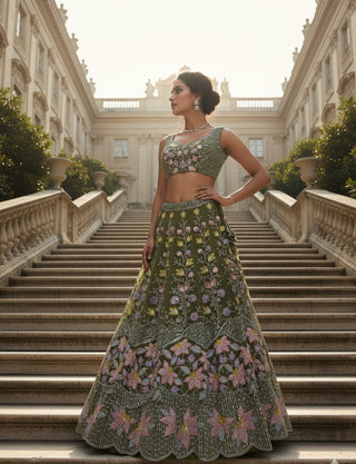 Olive Green Floral Embroidered Bridal Lehenga Set