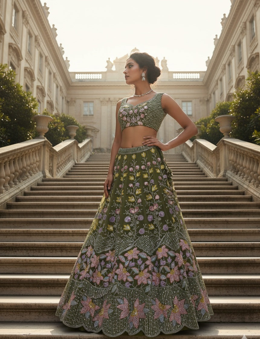 Olive Green Floral Embroidered Bridal Lehenga Set