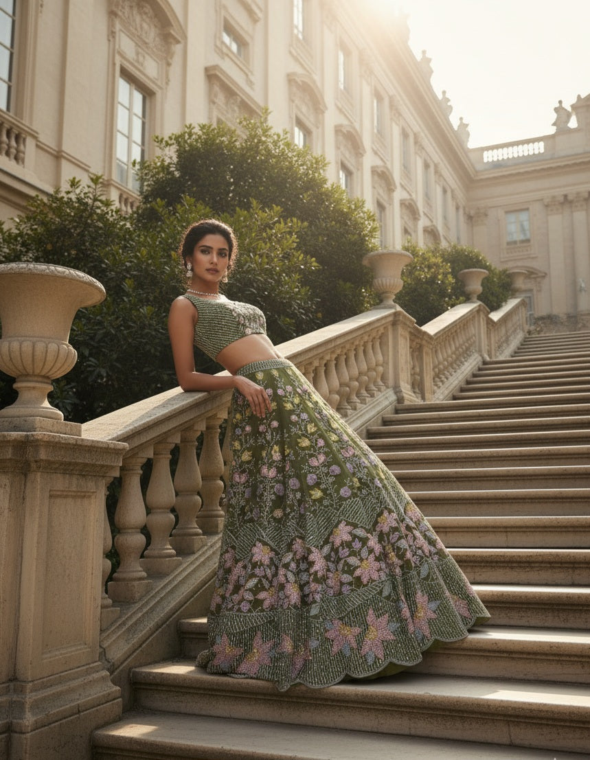 Olive Green Floral Embroidered Bridal Lehenga Set