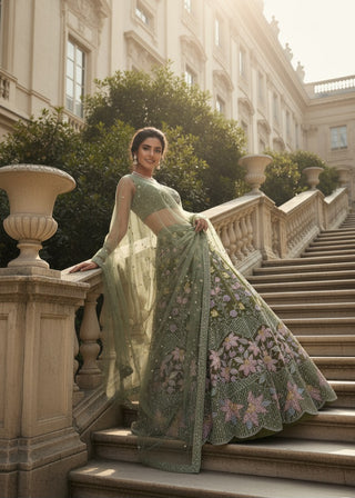 Olive Green Floral Embroidered Bridal Lehenga Set
