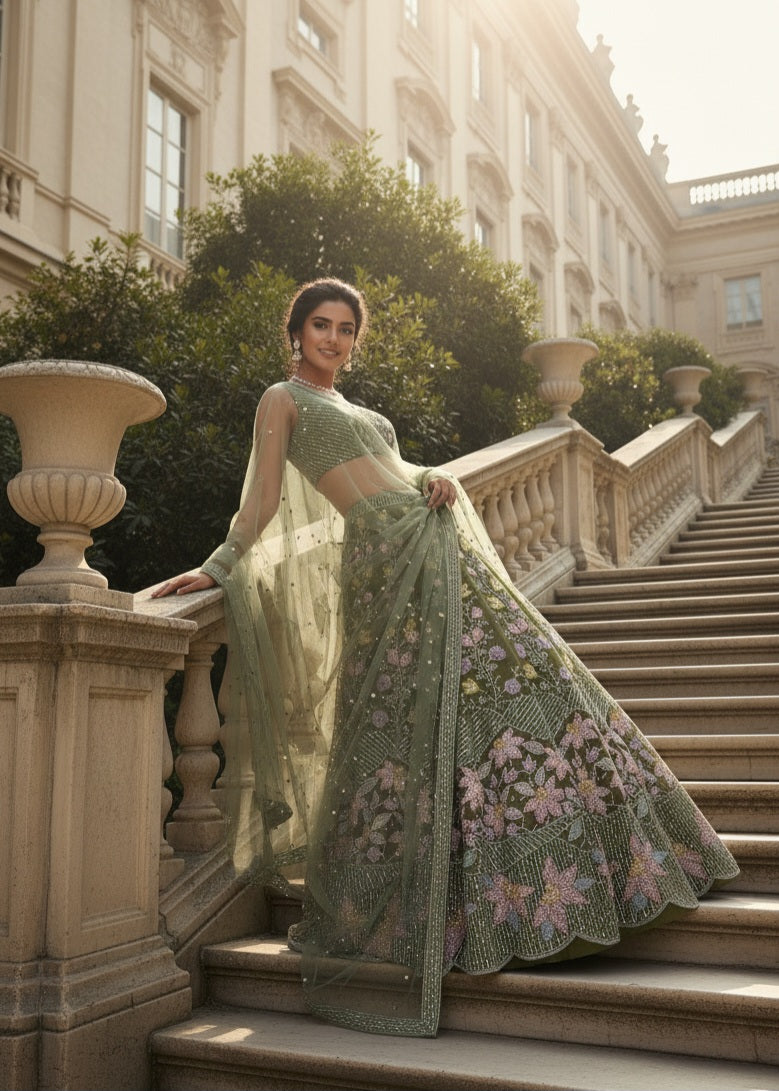 Olive Green Floral Embroidered Bridal Lehenga Set