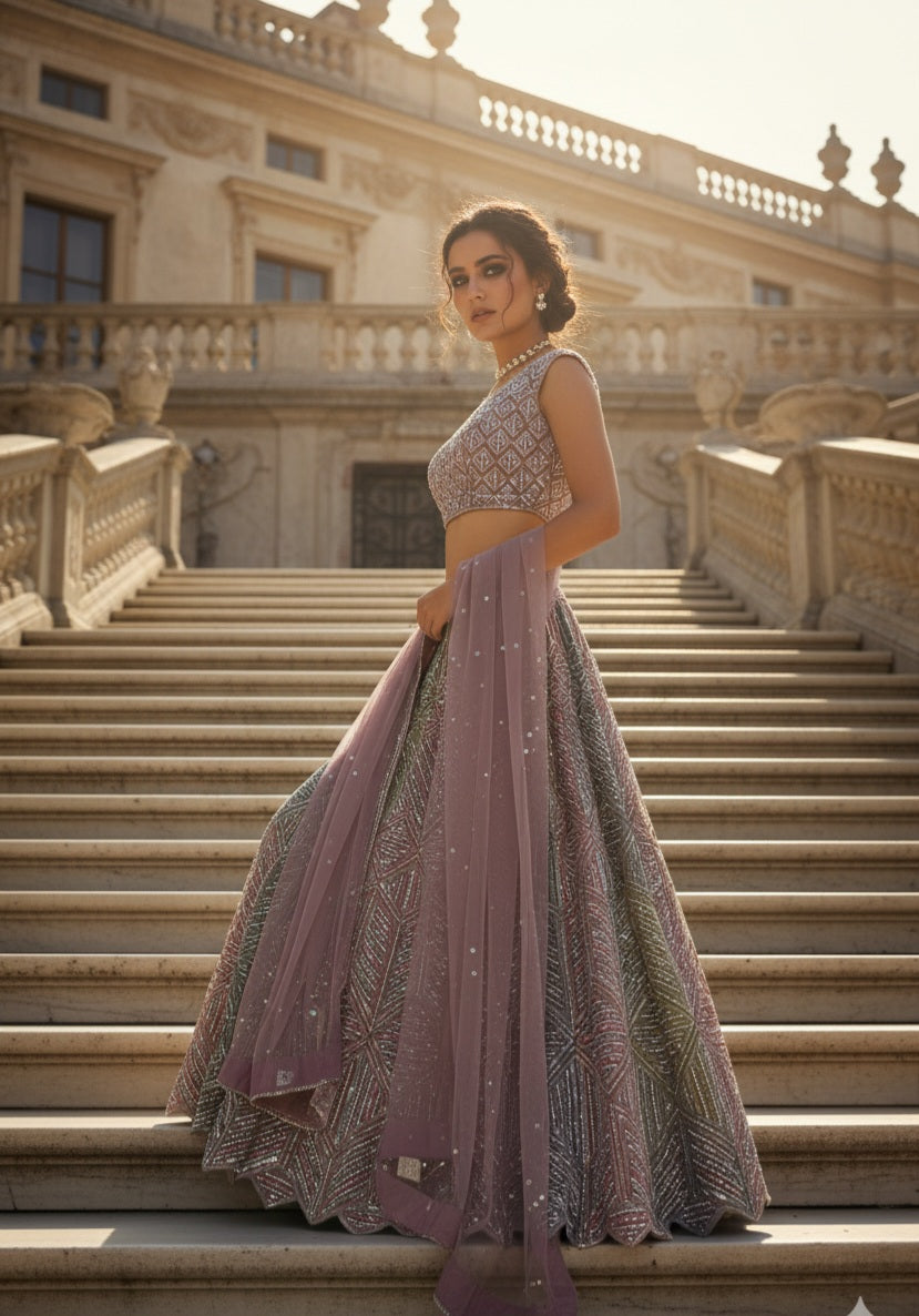 Silver Grey Embroidered Lehenga Set