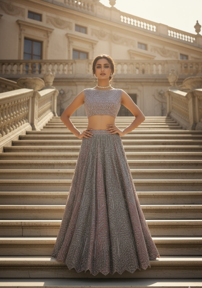 Silver Grey Embroidered Lehenga Set