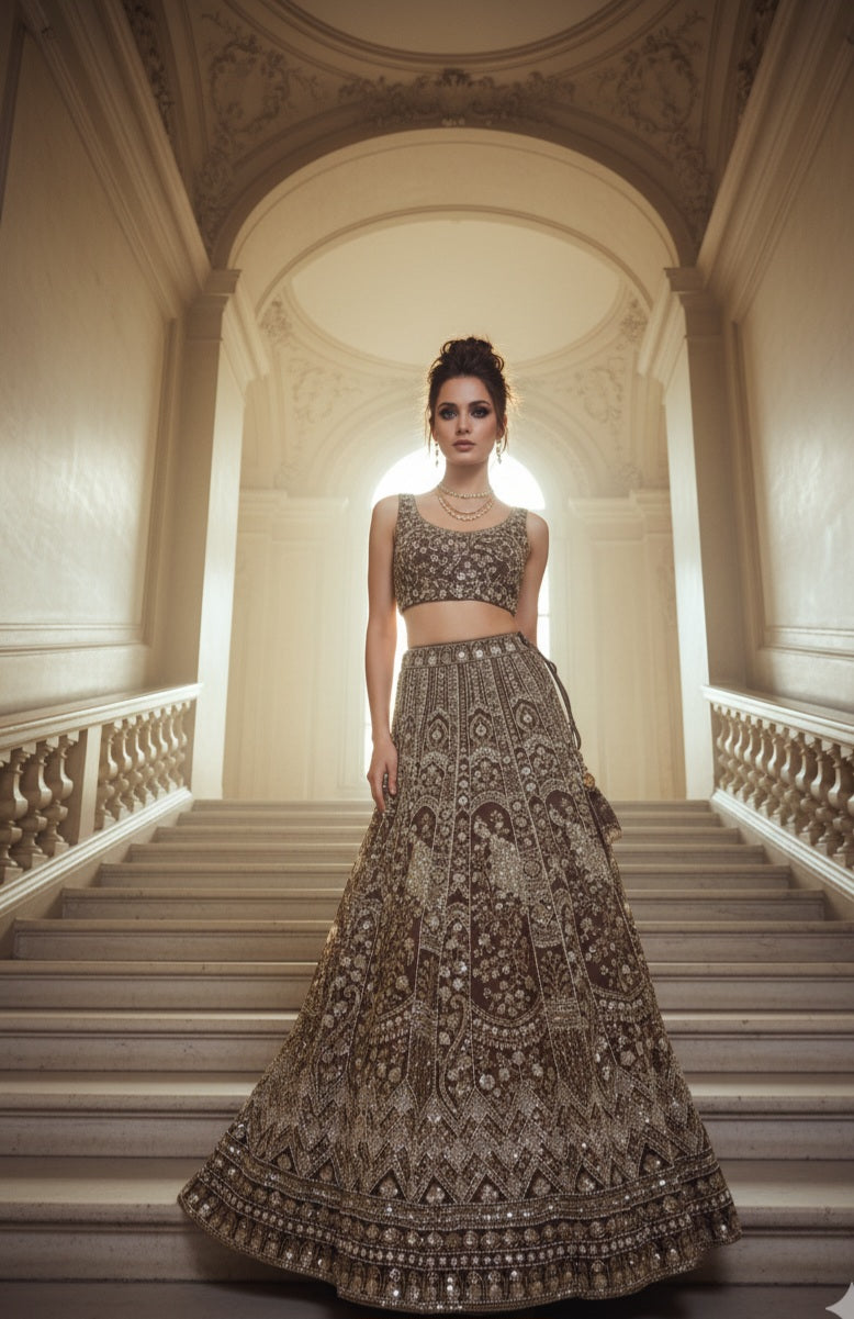 Bronze Sequin Embroidered Bridal Lehenga Set