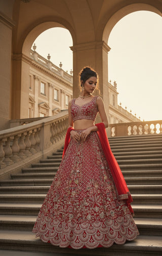Red Embroidered Bridal Lehenga Set with Scalloped Border