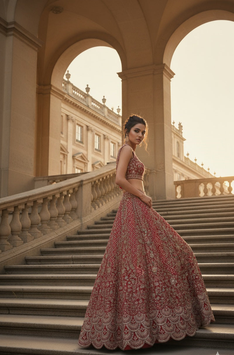 Red Embroidered Bridal Lehenga Set with Scalloped Border