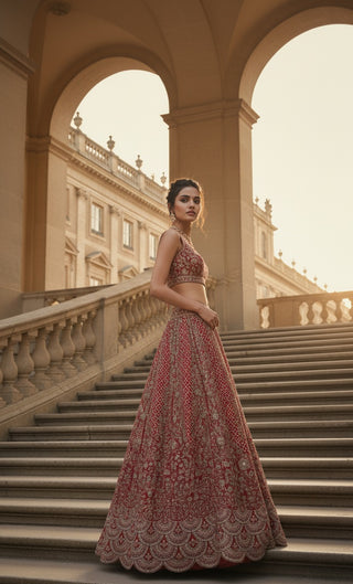 Red Embroidered Bridal Lehenga Set with Scalloped Border