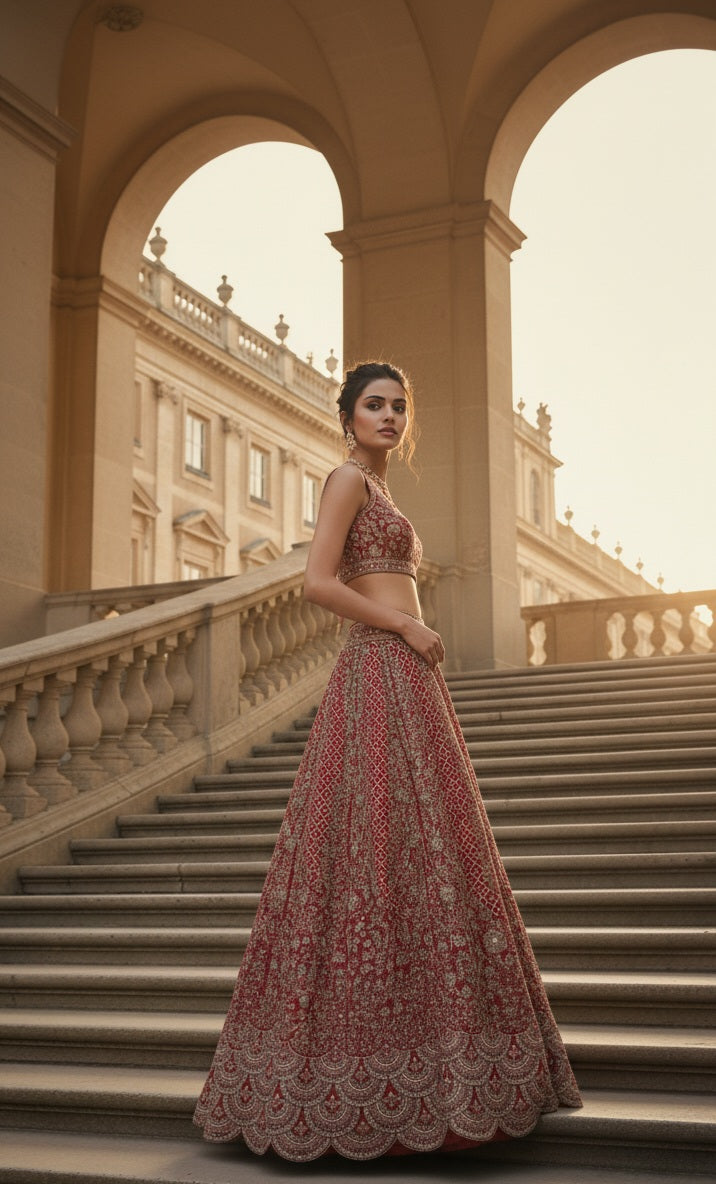 Red Embroidered Bridal Lehenga Set with Scalloped Border