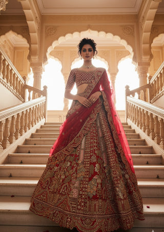 Red & Gold Embroidered Bridal Lehenga Set
