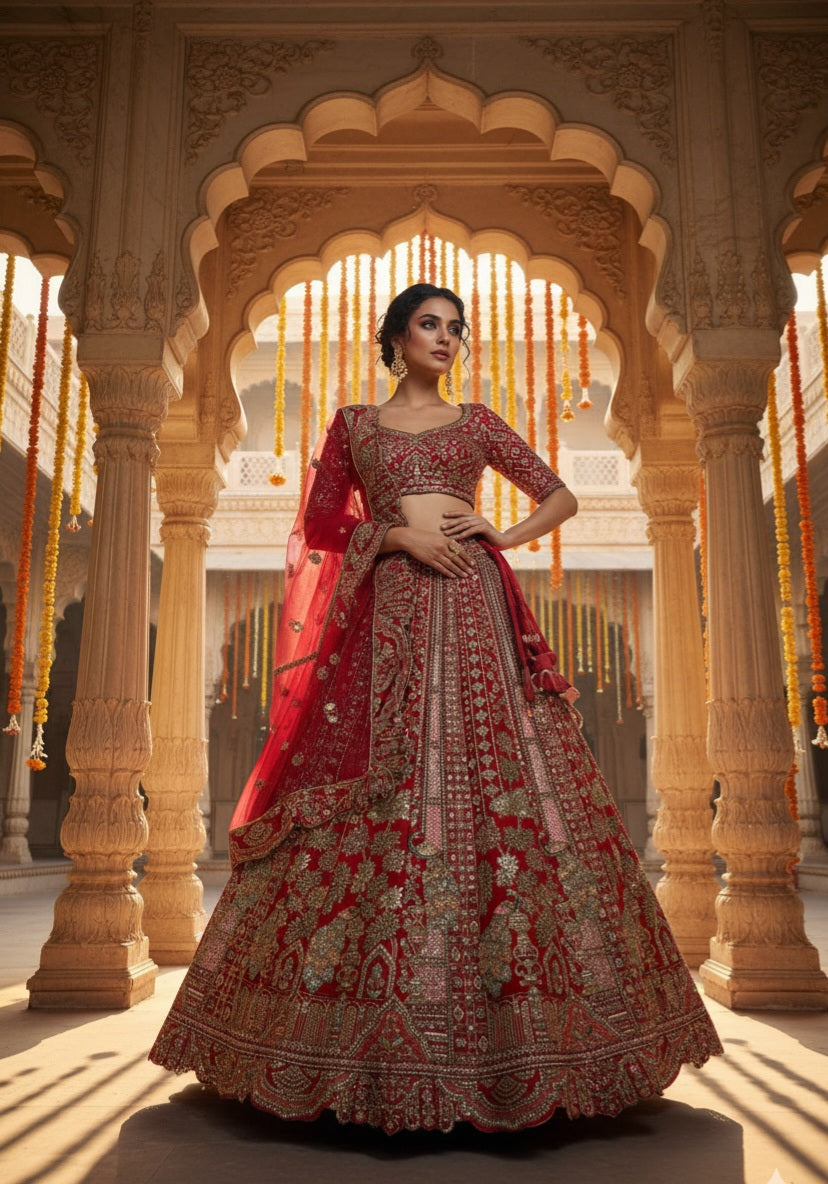 Red & Gold Embroidered Bridal Lehenga Set