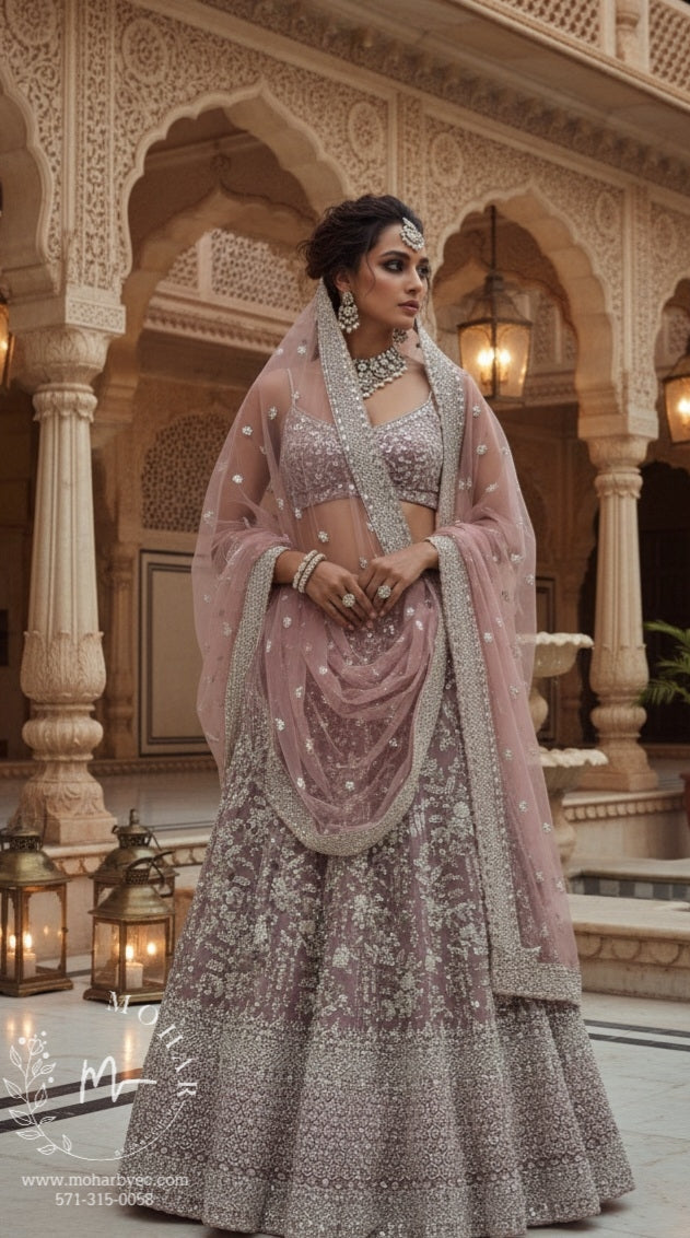 Blush Pink Silver Embroidered Bridal Lehenga Set