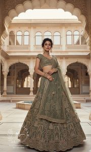 Olive Green Embroidered Bridal Lehenga Set