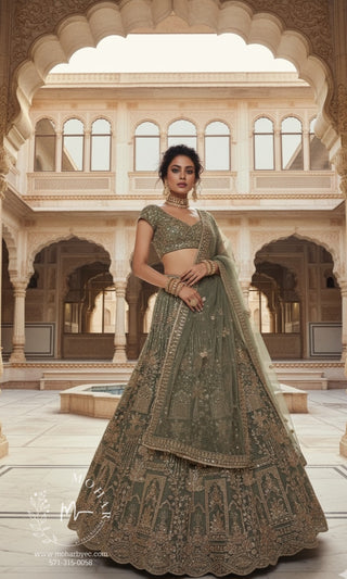 Olive Green Embroidered Bridal Lehenga Set