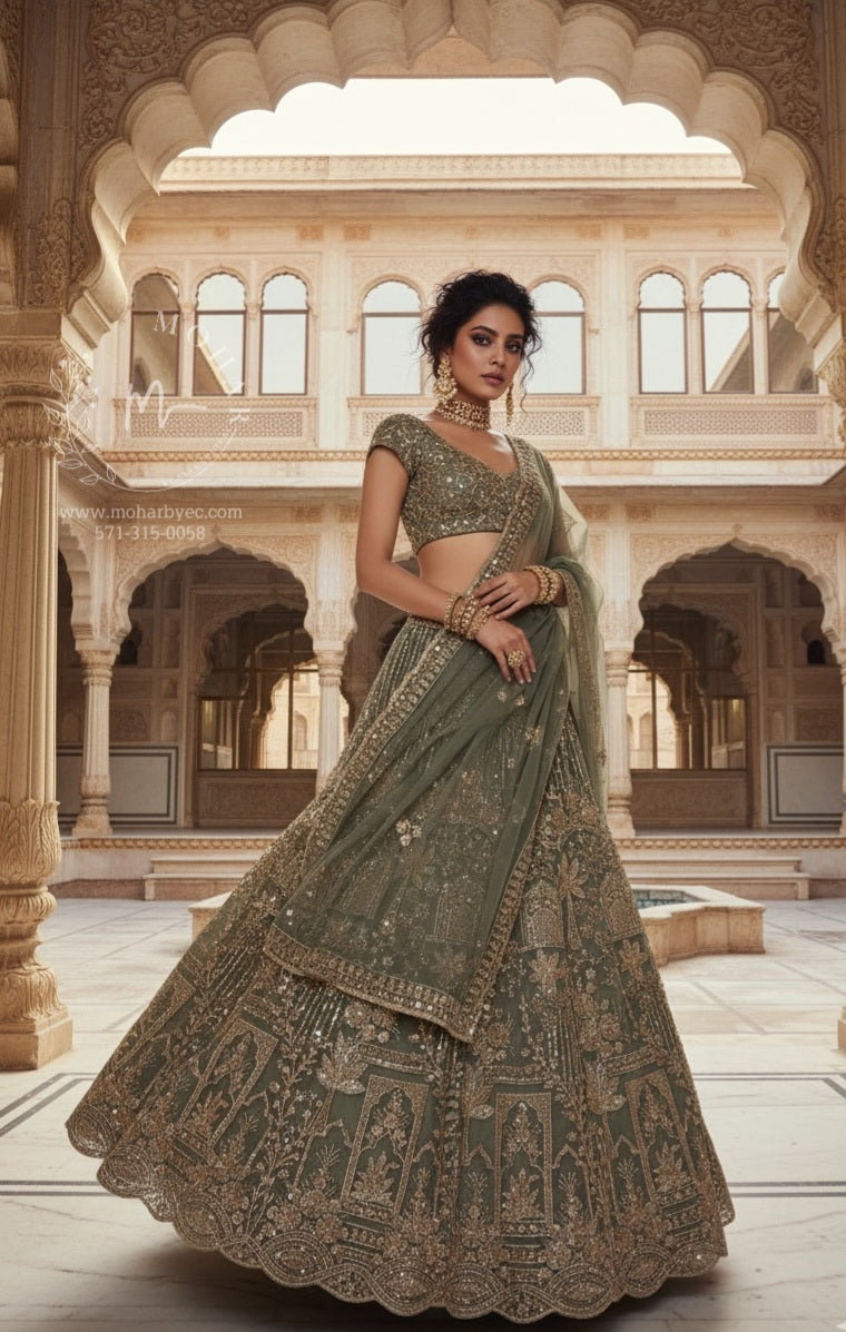 Olive Green Embroidered Bridal Lehenga Set