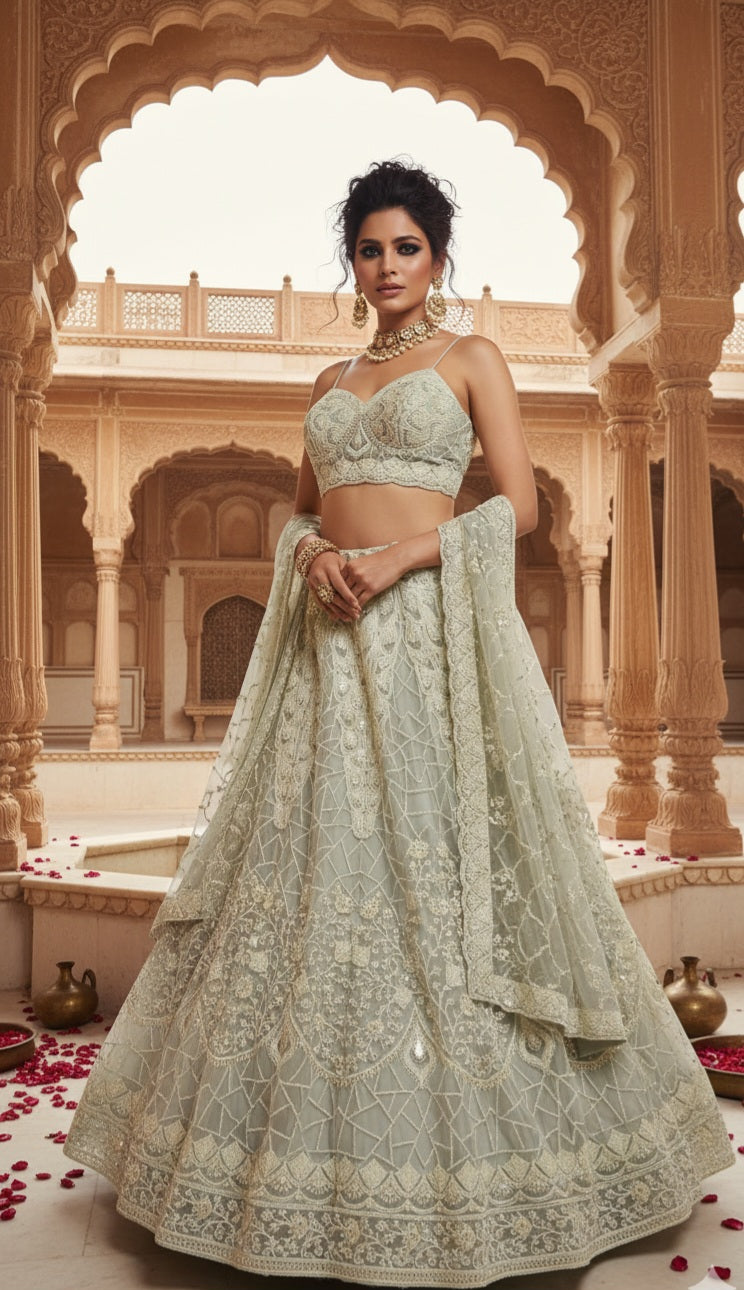 Sage Green Embroidered Bridal Lehenga Set
