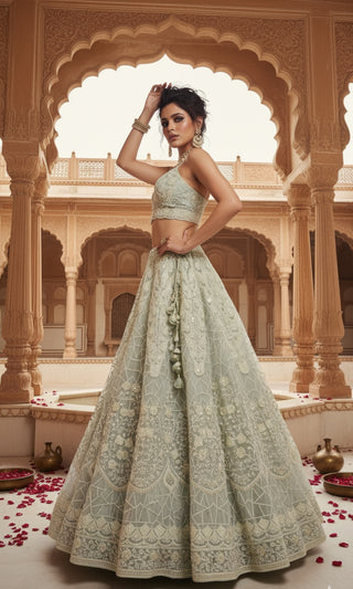 Sage Green Embroidered Bridal Lehenga Set