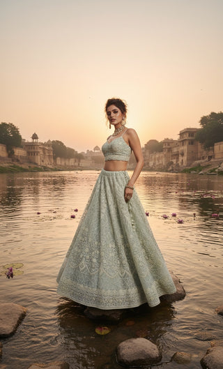 Sage Green Embroidered Bridal Lehenga Set