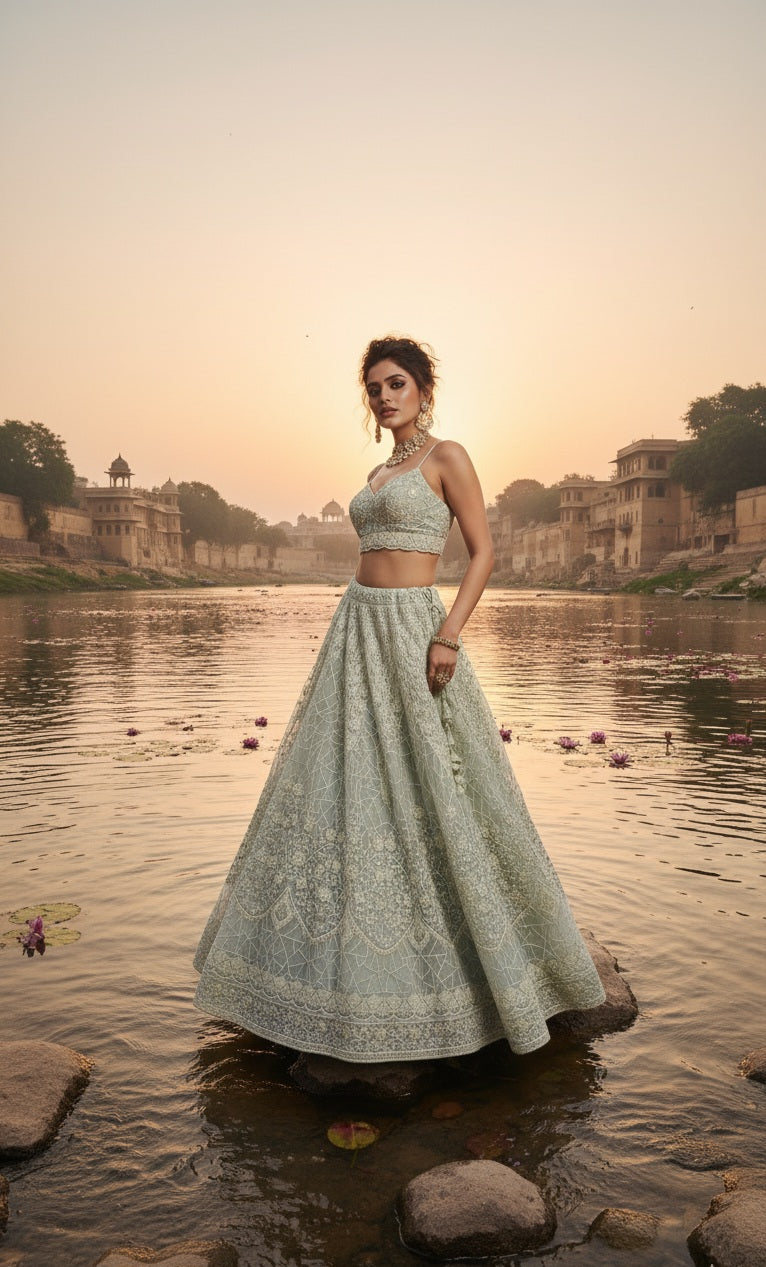 Sage Green Embroidered Bridal Lehenga Set