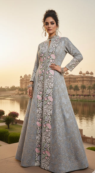 Silver Grey Embroidered Floral Jacket Gown