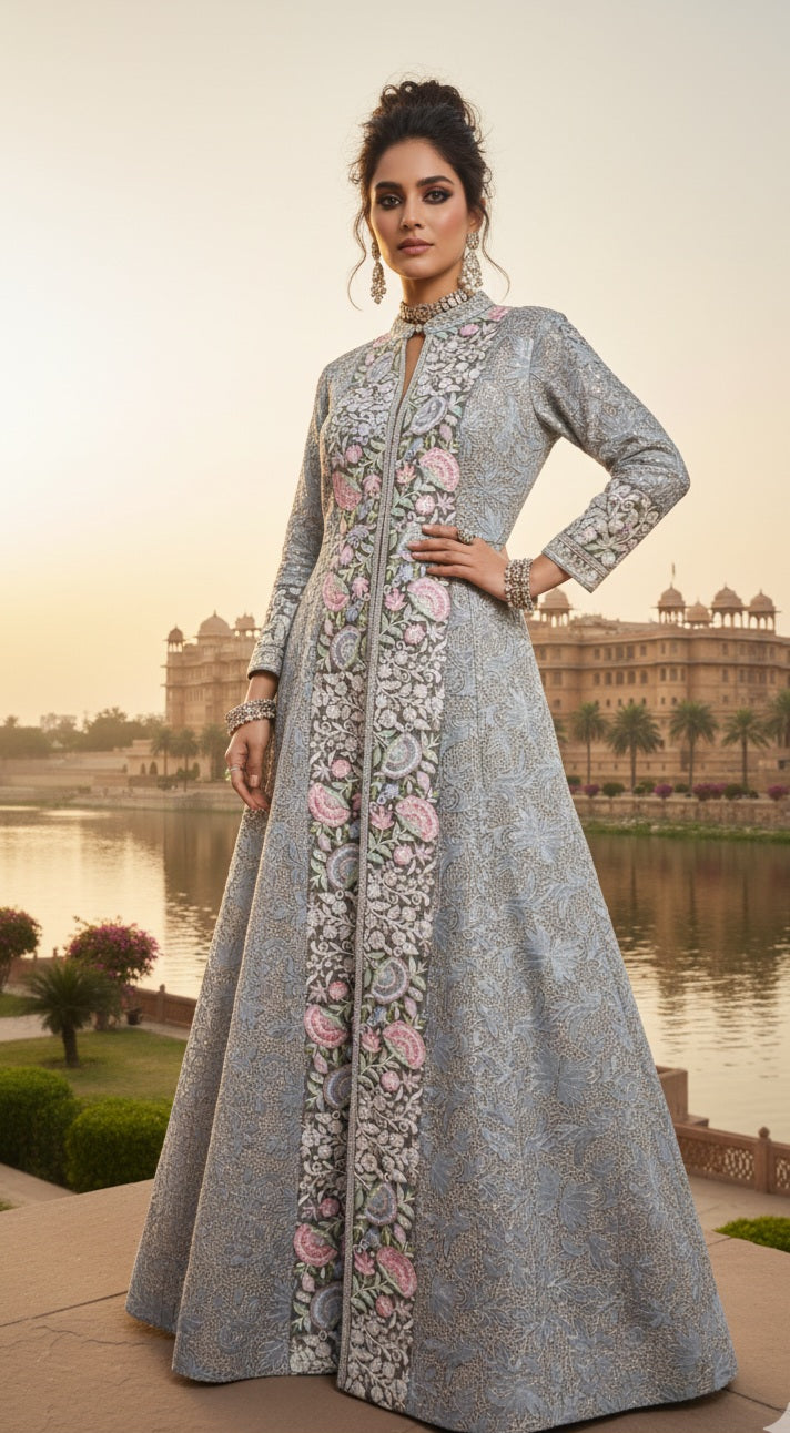 Silver Grey Embroidered Floral Jacket Gown