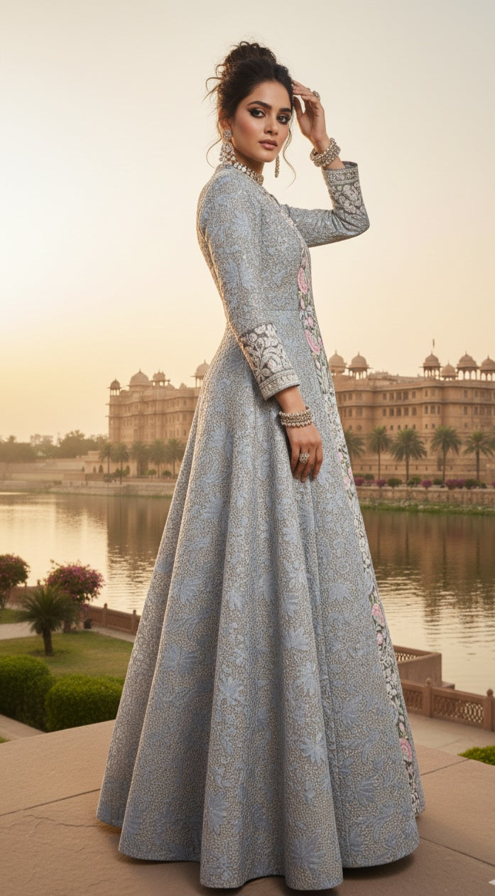 Silver Grey Embroidered Floral Jacket Gown