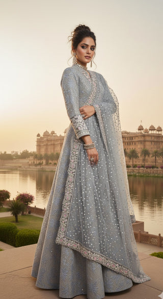 Silver Grey Embroidered Floral Jacket Gown