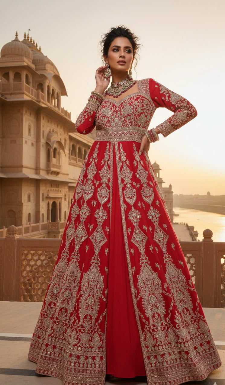 Red Sequin Embroidered Anarkali Gown