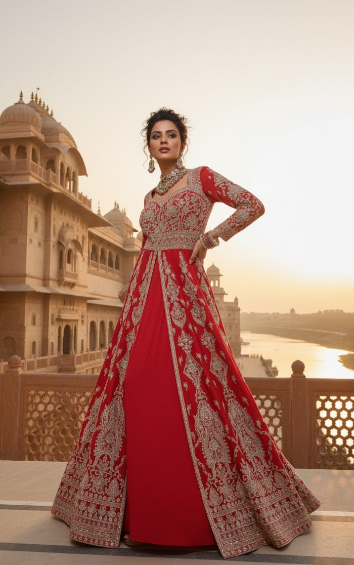 Red Sequin Embroidered Anarkali Gown