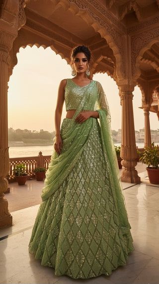 Sage Green Sequin Embroidered Lehenga Set