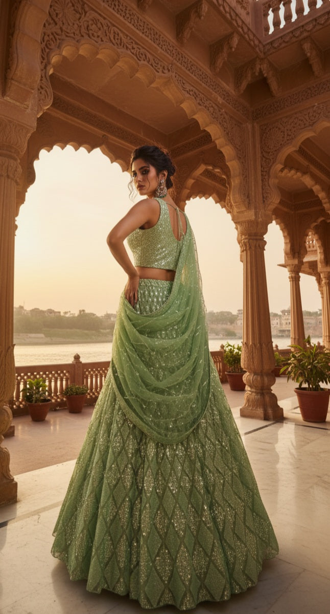 Sage Green Sequin Embroidered Lehenga Set