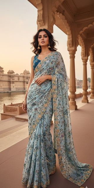 Powder Blue Sequin Embroidered Net Saree