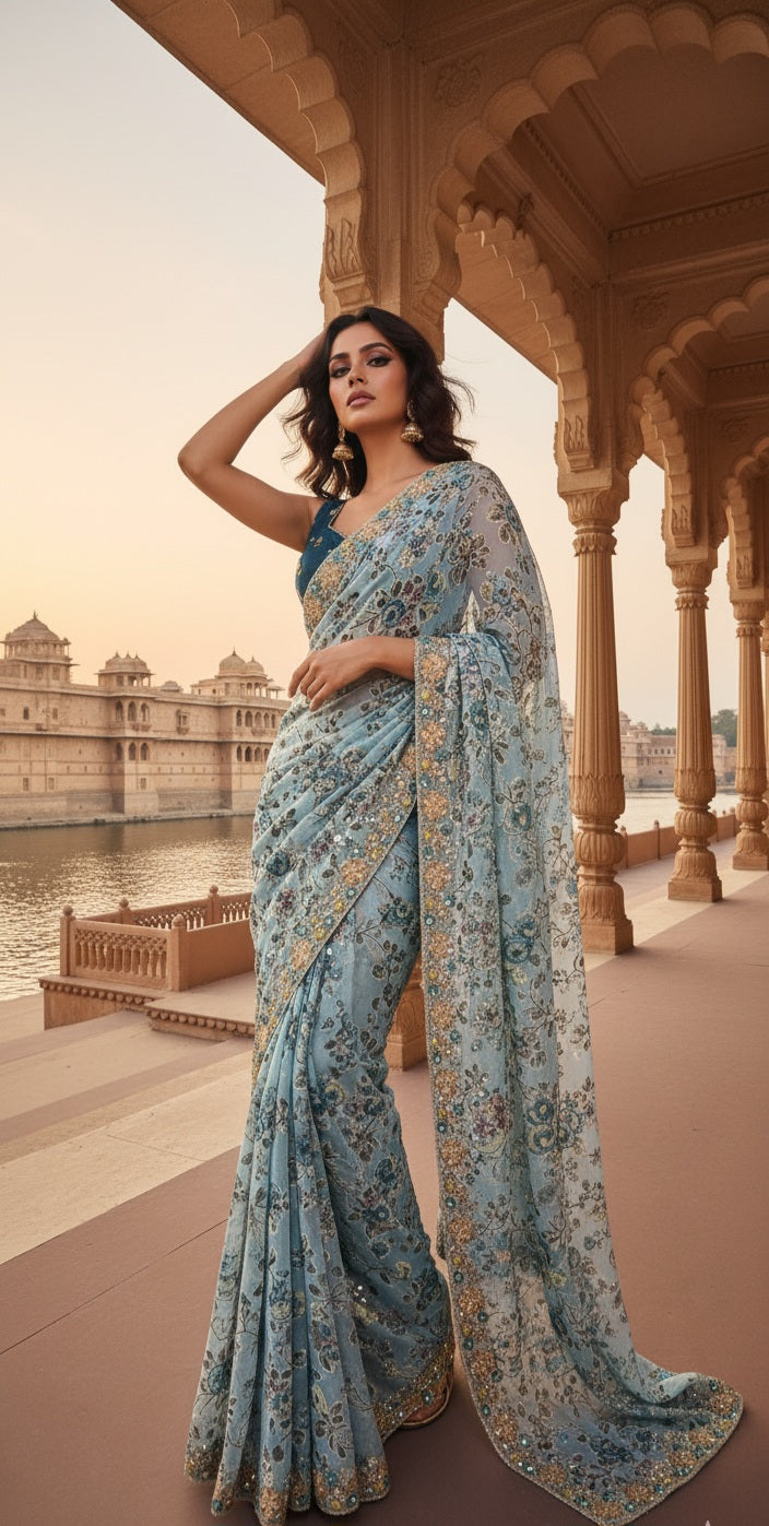 Powder Blue Sequin Embroidered Net Saree