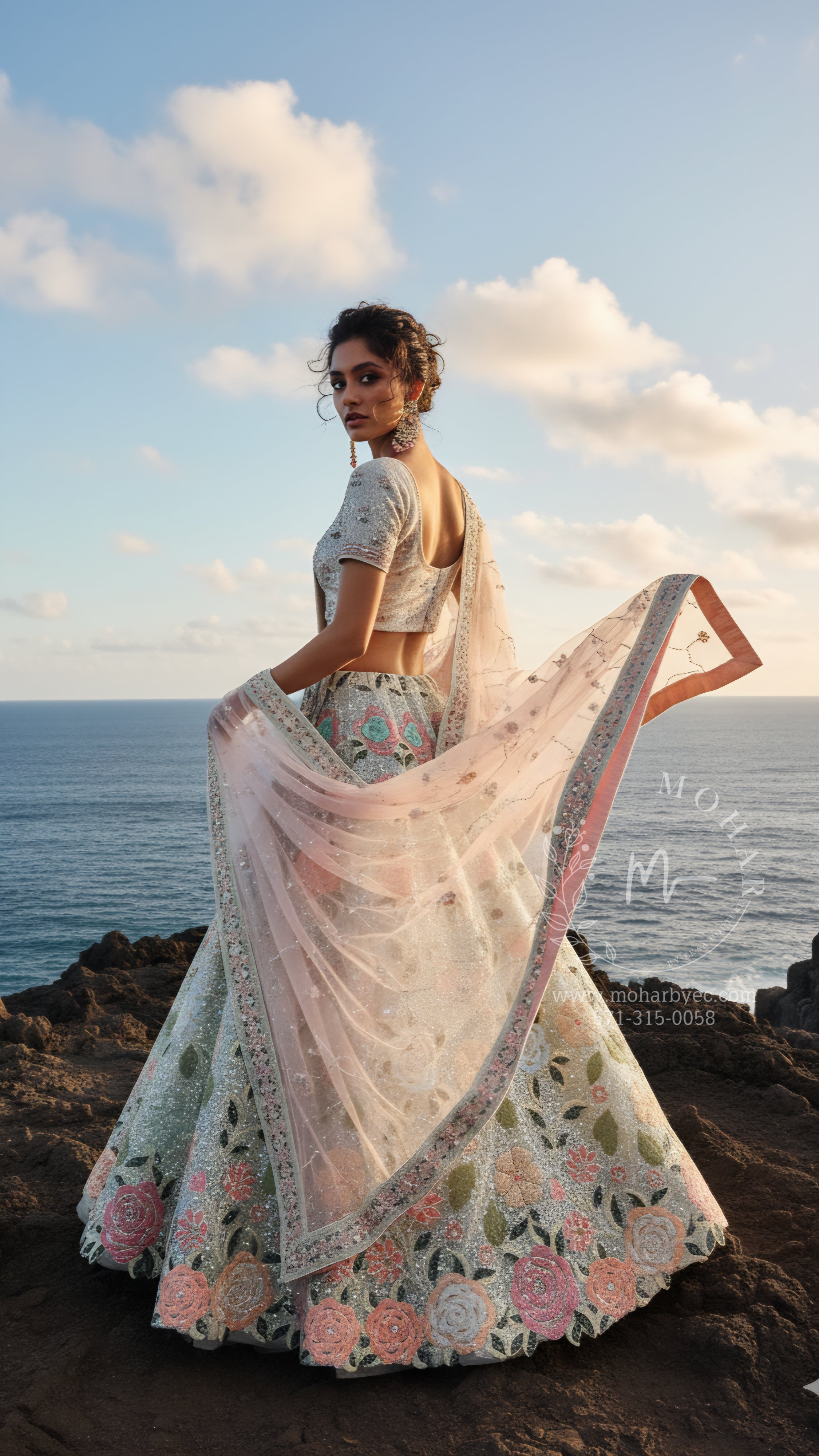White Pastel Rose Motif Lehenga