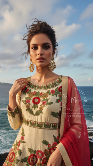 Ivory Cream Floral Embroidered Anarkali Gown