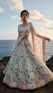 White Pastel Rose Motif Lehenga