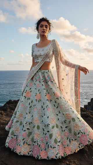 Mint Green Pastel Floral Embroidered Lehenga Set
