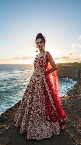 Maroon Red Heavy Embroidered Bridal Gown