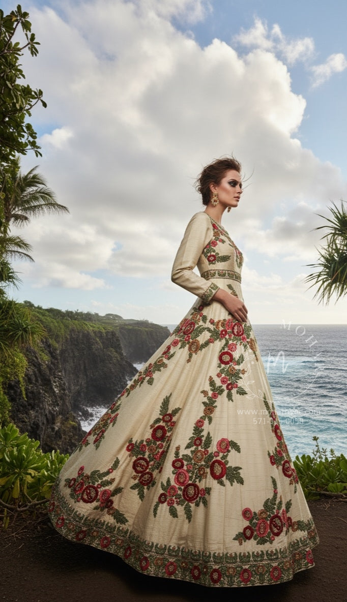 Ivory Cream Floral Embroidered Anarkali Gown