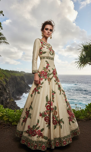Ivory Cream Floral Embroidered Anarkali Gown