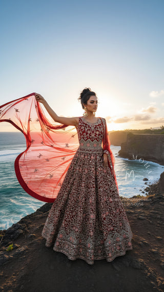 Maroon Red Heavy Embroidered Bridal Gown