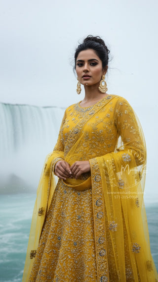 Mustard Yellow Silver Embroidered Anarkali Gown