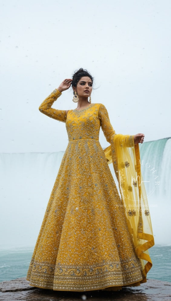 Mustard Yellow Silver Embroidered Anarkali Gown